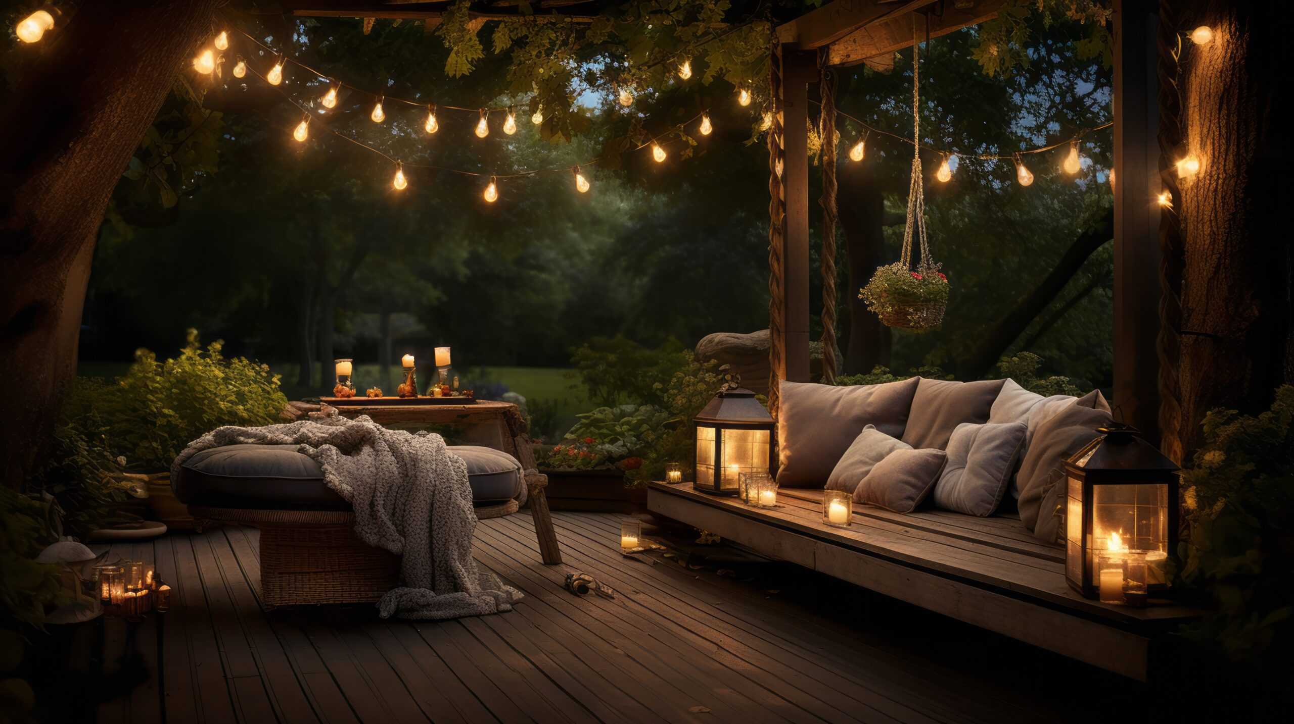 Lazy afternoons await in this lush garden deck, highlighted by a handmade swing and rustic lanterns