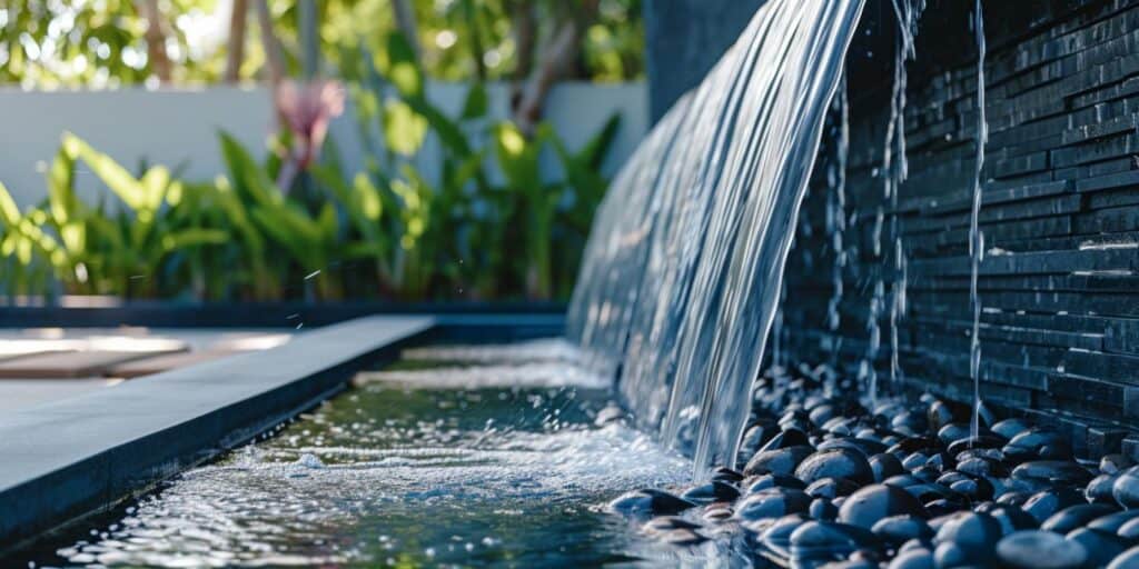 modern garden water feature with black pebbles and slate.