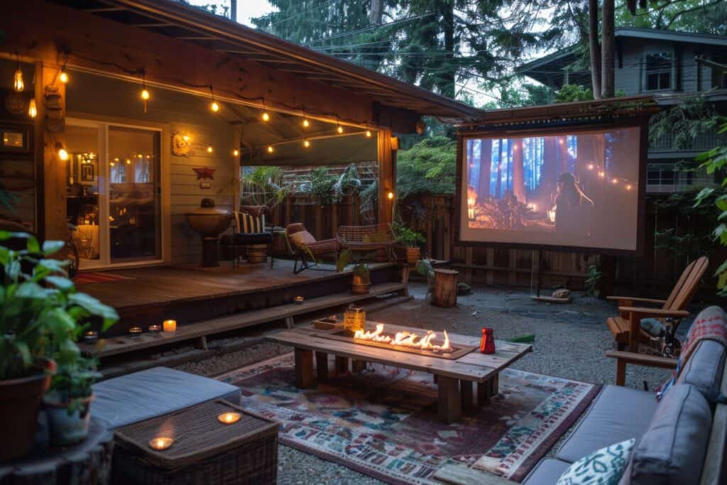 Outdoor movie night in a cosy outdoor space