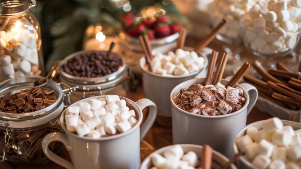 A DIY hot chocolate station with jars of toppings and mixins like marshmallows Nutella and cinnamon sticks for guests to create their own custom mug.