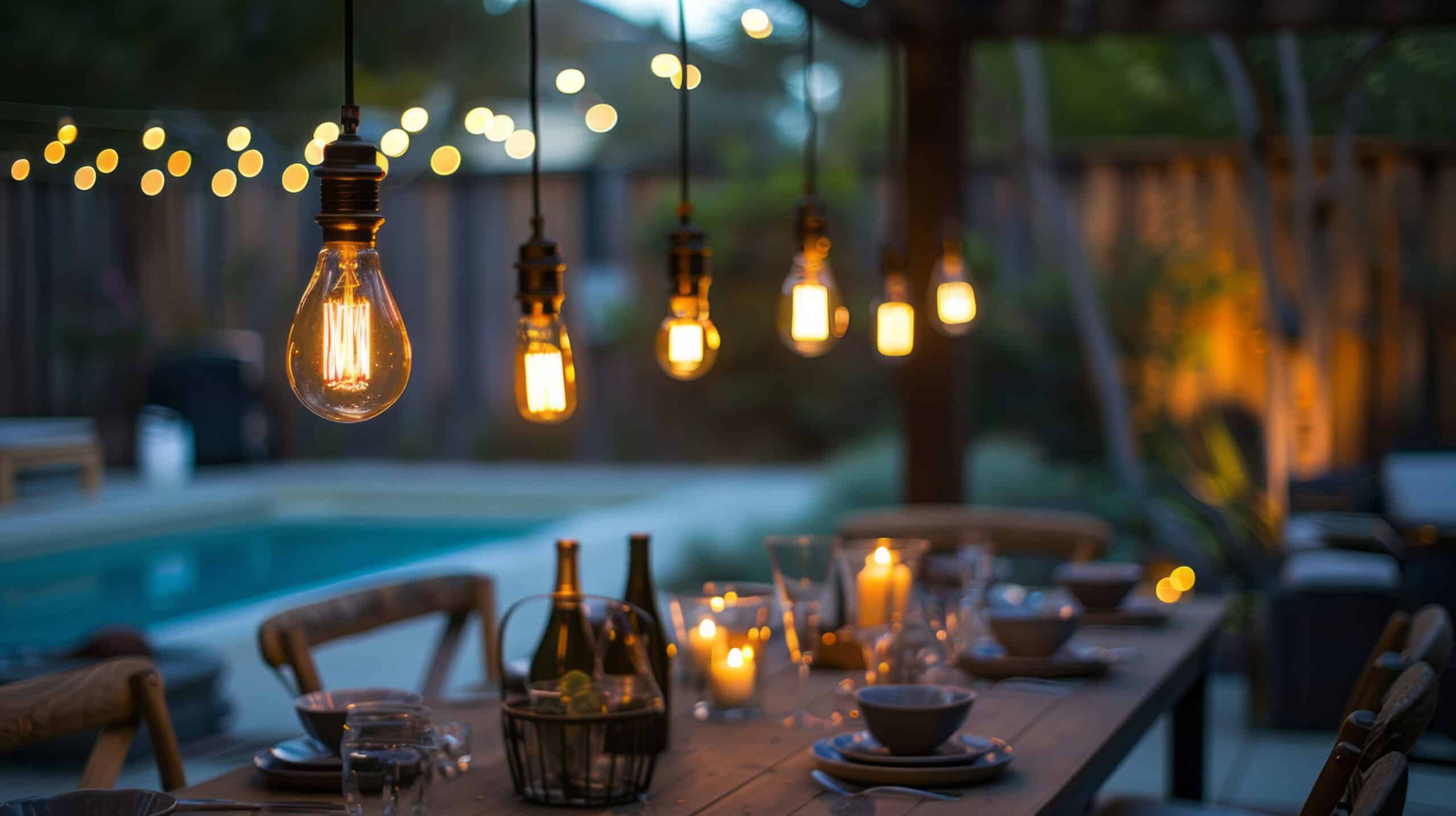 A set of pendant lights hang over an outdoor dining table, casting warm light on the space set outdoors by a pool and fence.