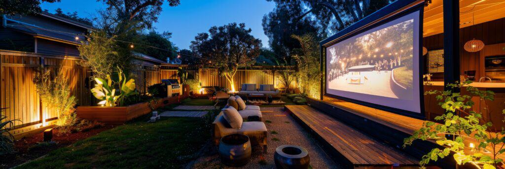 A backyard transformed into a movie night paradise with string lights, a large screen, comfy seating, and a welcoming atmosphere