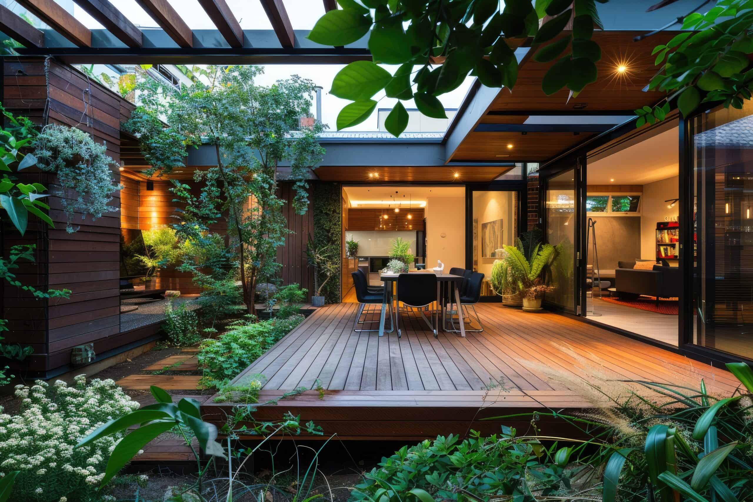 The renovation of a modern home extension in Melbourne includes the addition of a deck, patio, and courtyard area.