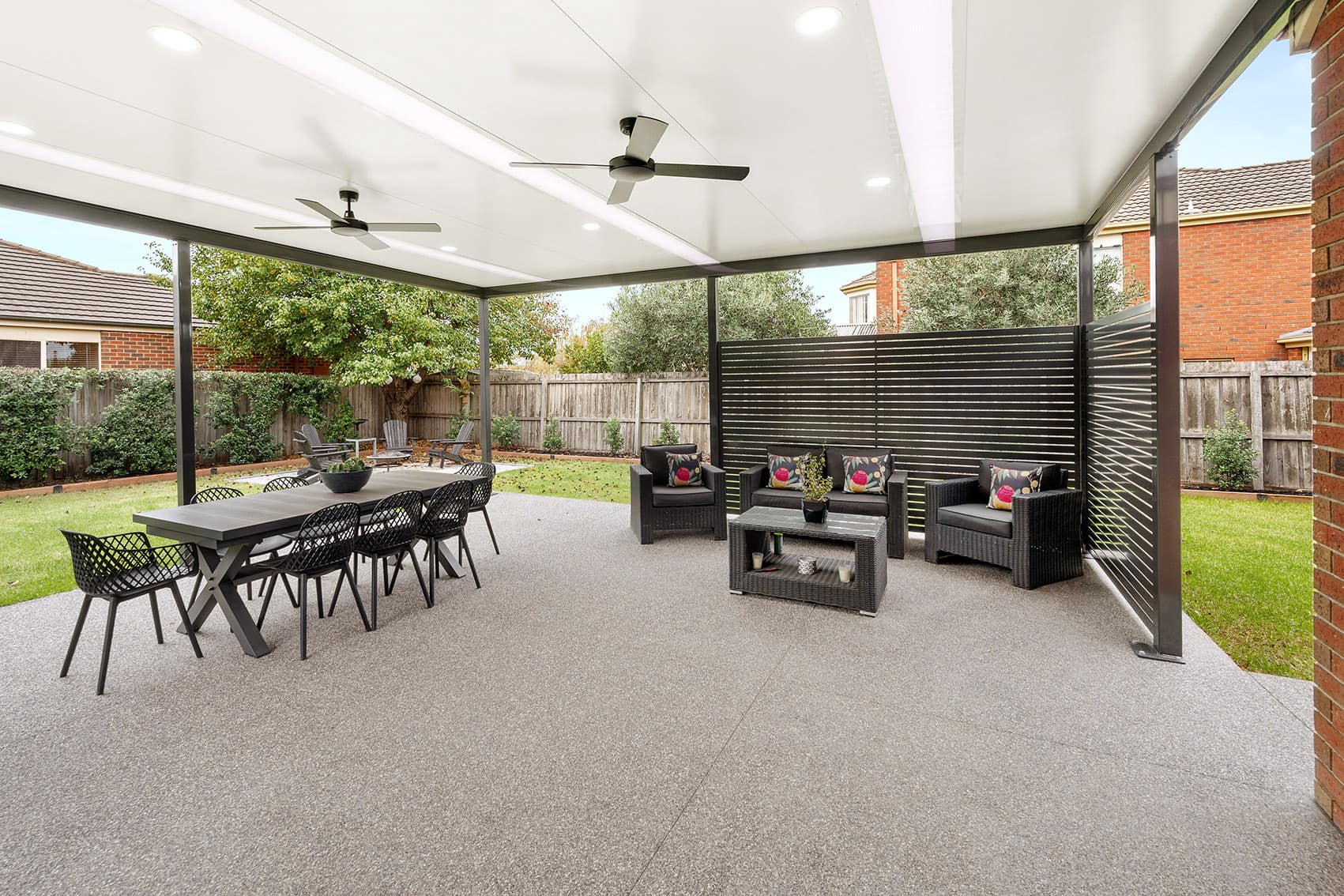 Privacy screens on a large outdoor patio area